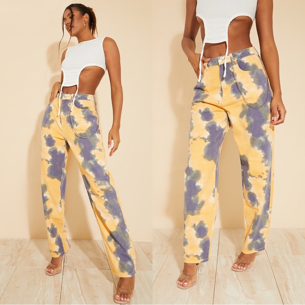 ✨NEW PrettyLittleThing | Yellow Tie Dye High Waisted Boyfriend Denim Jeans